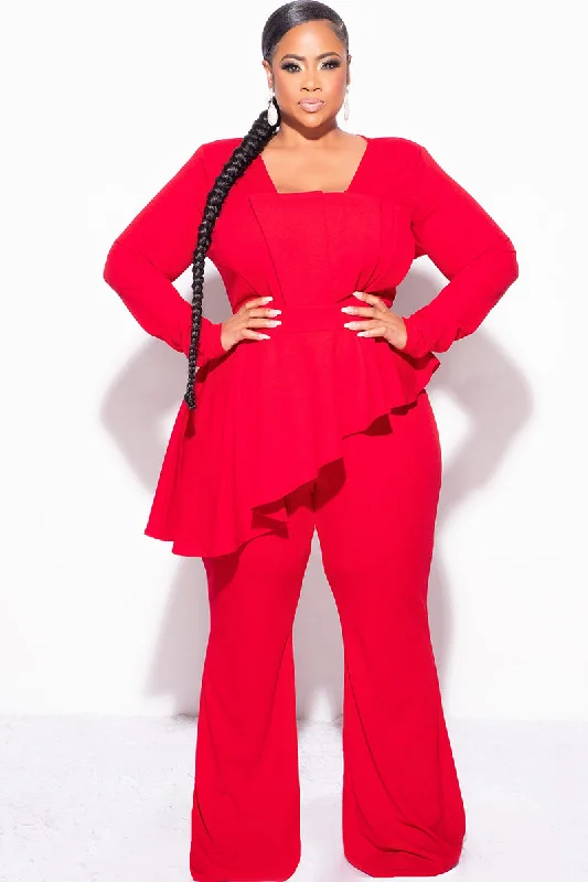 Final Sale Plus Size Asymmetrical Ruffle Peplum Jumpsuit in RedWomen's home tops