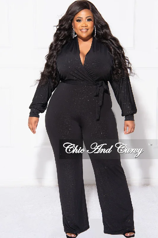 Final Sale Plus Size Faux Wrap Jumpsuit with Tie in Black GlitterPlus size women's printed tops