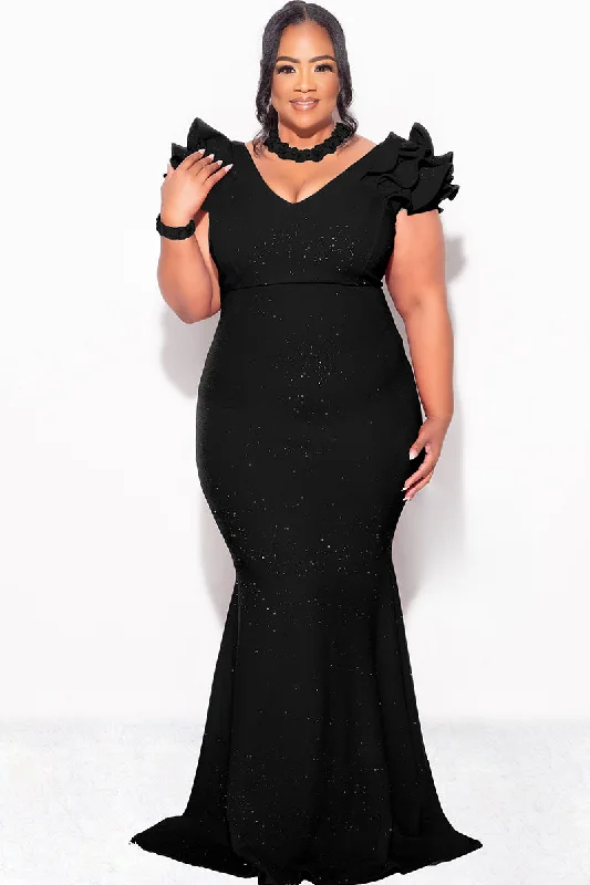 Final Sale Plus Size Gown with Layered Sleeves in Glitter Black FabricLarge women's polyester tops