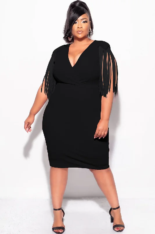 Final Sale Plus Size Faux Wrap Fringe Shoulder BodyCon Dress in BlackLarge women's quick-drying tops