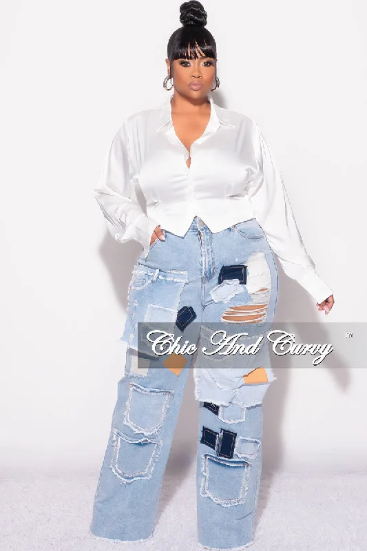 Final Sale Plus Size Patchwork Denim Wide Leg Jeans - LightWomen's fitness tops