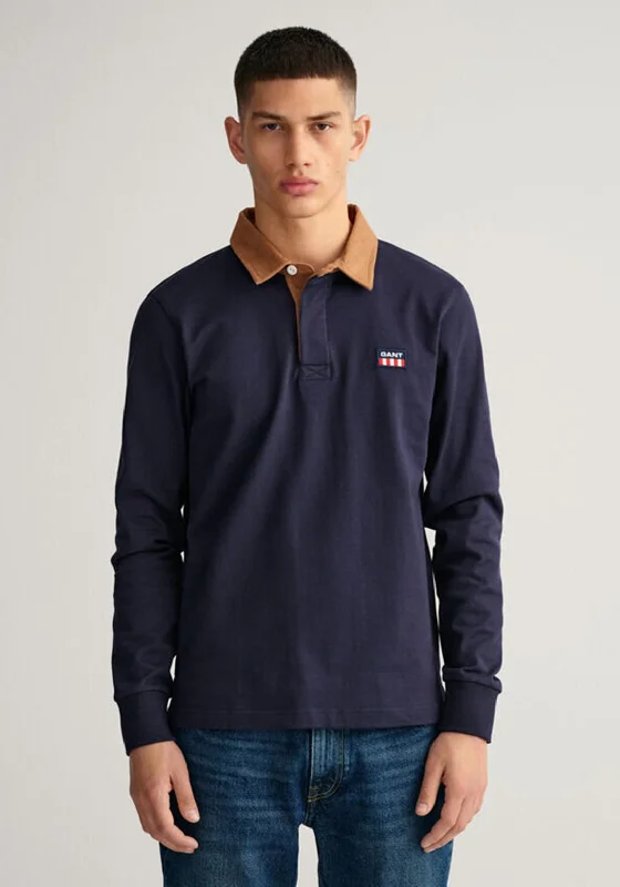 Gradient polo shirtGant Corduroy Collar Long Sleeve Polo Shirt, Evening Blue