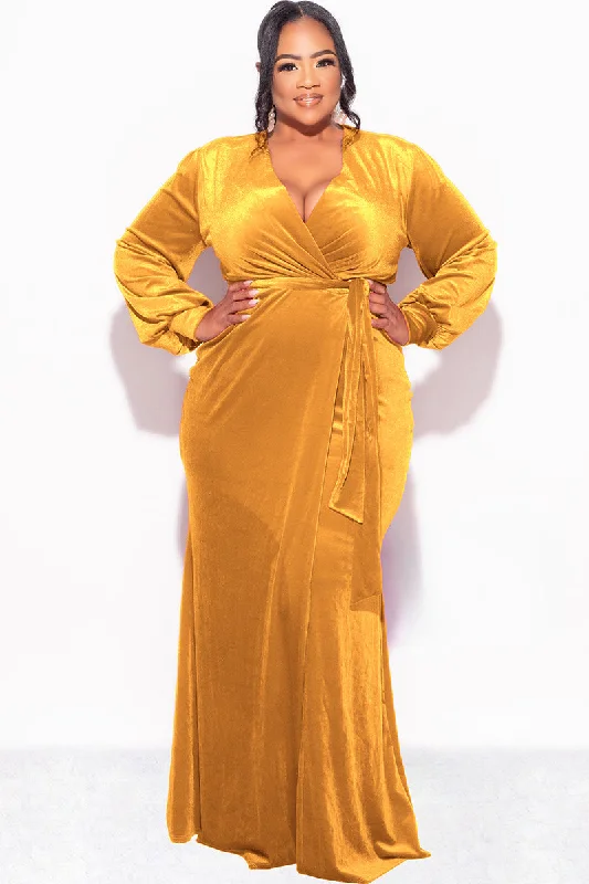 Final Sale Plus Size Faux Wrap Gown with Tie Belt in Dark Mustard VelvetFashionable plus size women's tops