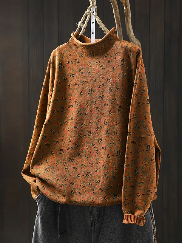 Women Autumn Artsy Floral Half-Turtleneck Knit SweaterScoop Neck Knit Tops