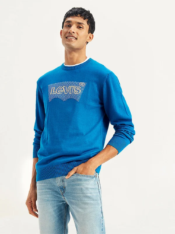 Men's Brand Logo Blue Crew Neck SweaterRibbed Cuff Knit Tops