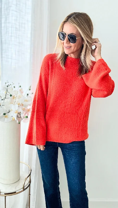 Soft Angora Bell Sleeve Sweater - OrangeLeather-Paneled Knit Tops