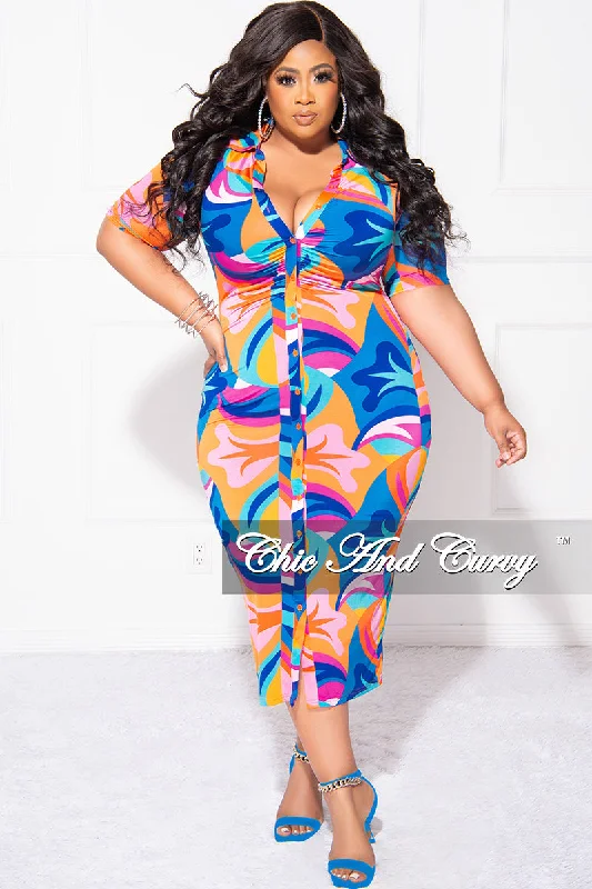 Final Sale Plus Size Collar Button Up BodyCon Dress In Multi Color "Mercy Me" PrintPlus size women's ruffle tops