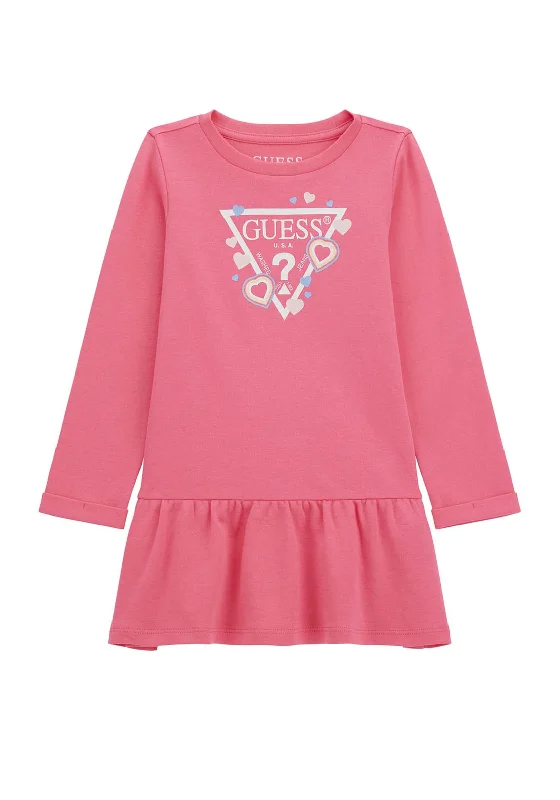 Guess Girls Long Sleeve Heart Logo Dress, Pink