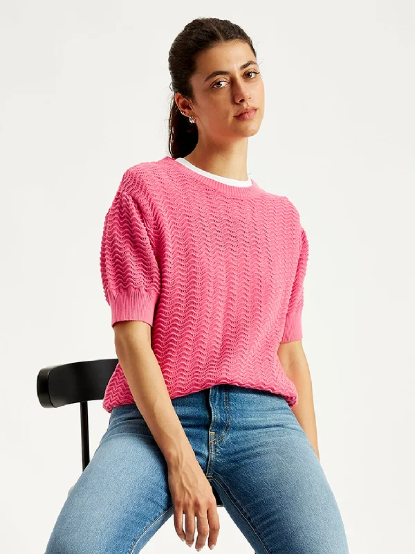 Women's Solid Pink Crew Neck SweaterPerformance Knit Tops