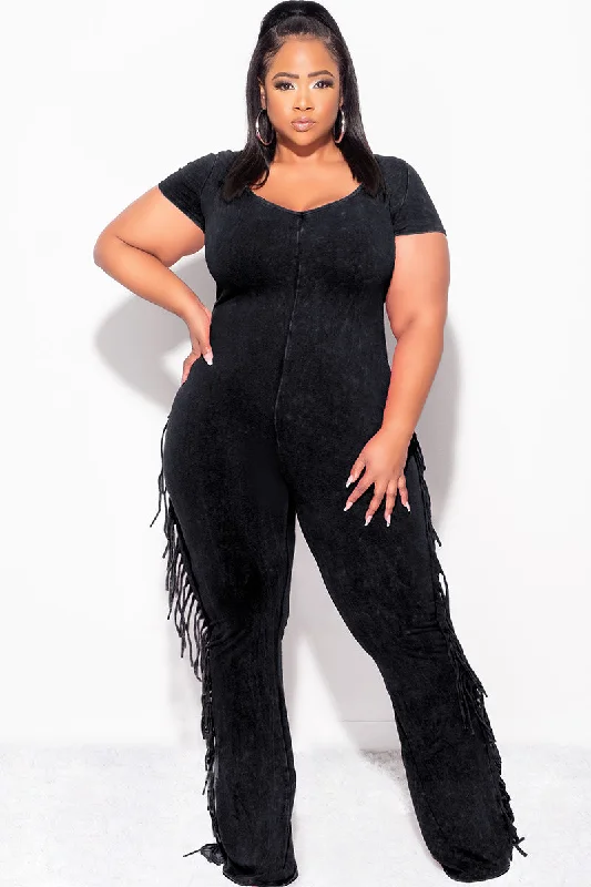 Final Sale Plus Size Fringe Jumpsuit in BlackLarge women's polyester tops