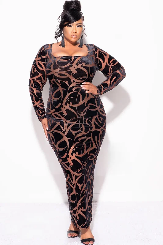 Final Sale Plus Size Velour Sheer Mesh Panel Dress in Brown and BlackWomen's outdoor tops