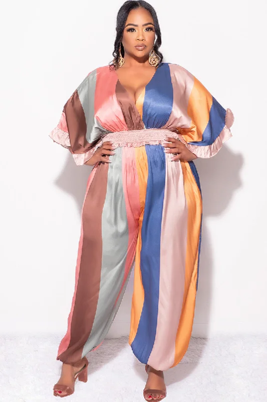 Final Sale Plus Size Satin Jumpsuit in Multi Color Stripe PrintWomen's fleece tops