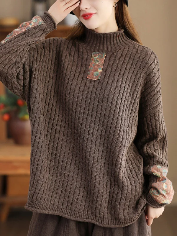 Women Retro Patch Spliced Knitted Turtleneck SweaterCultural Knit Tops