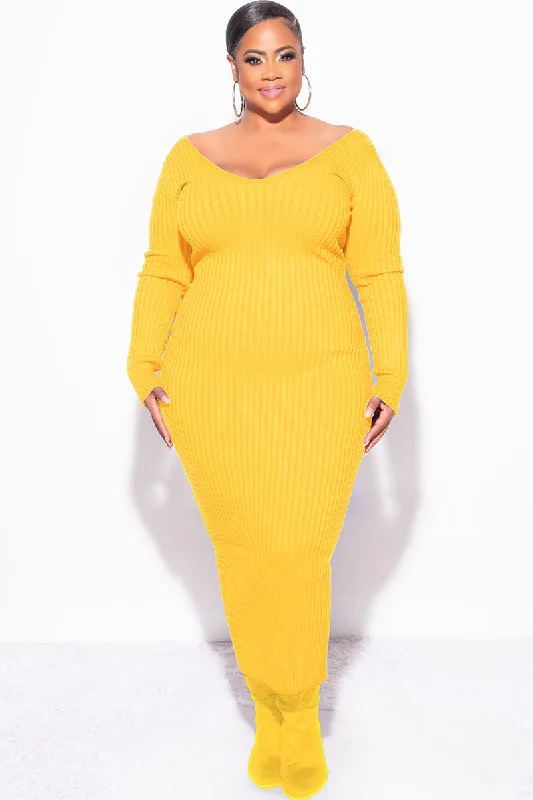 Final Sale Plus Size BodyCon Ribbed Knit Dress in Gold YellowLarge women's blended tops