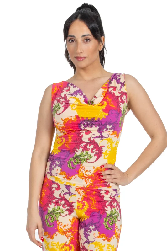 Vibrant Print Top With Draped Neck (M)