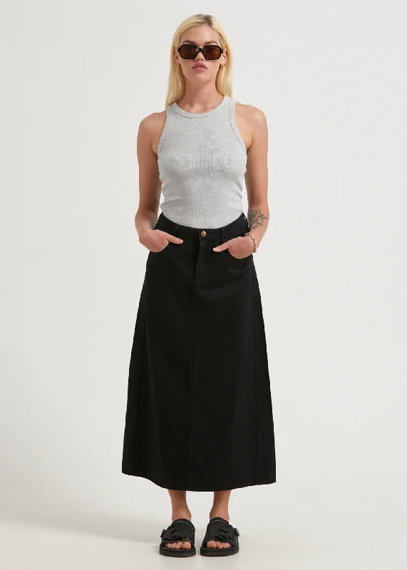 AFENDS Womens Nina - Twill High Rise Midi Skirt - Black